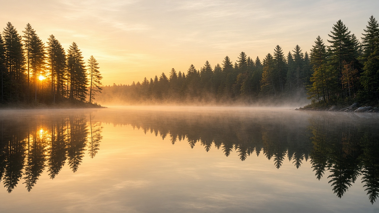Northwoods lake at golden hour, pines along the shore and open water beyond
