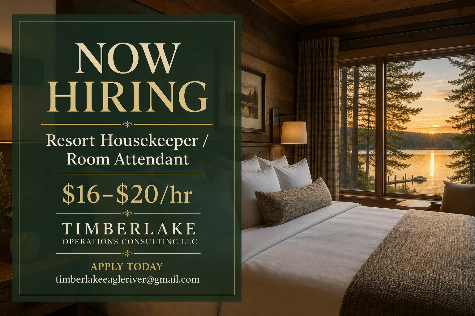 Now Hiring photographic poster: Resort Housekeeper / Room Attendant, $16–$20 per hour. Timberlake Operations Consulting LLC.